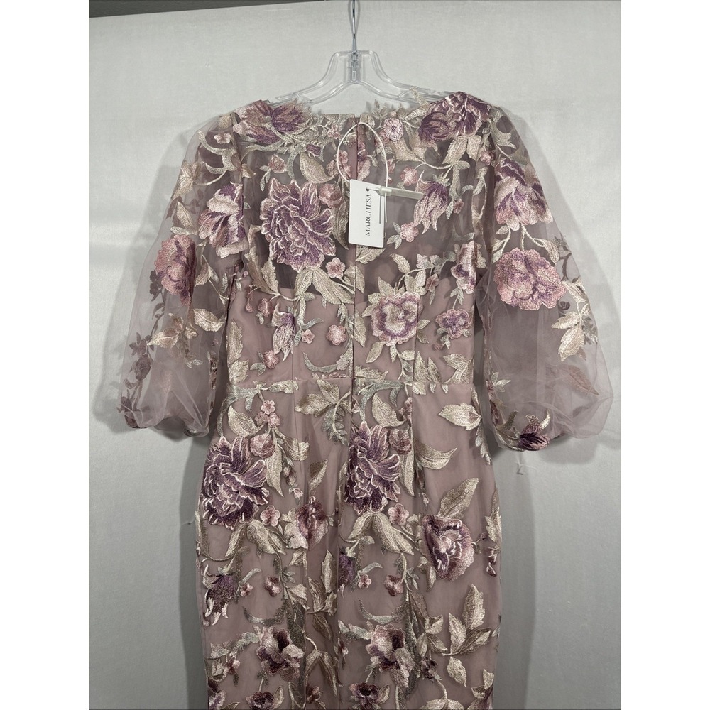 NEW $795 Marchesa Notte [ 6 ] Embroidered Puff Sleeve Midi Dress Rose Pink J2151 - Picture 13 of 15
